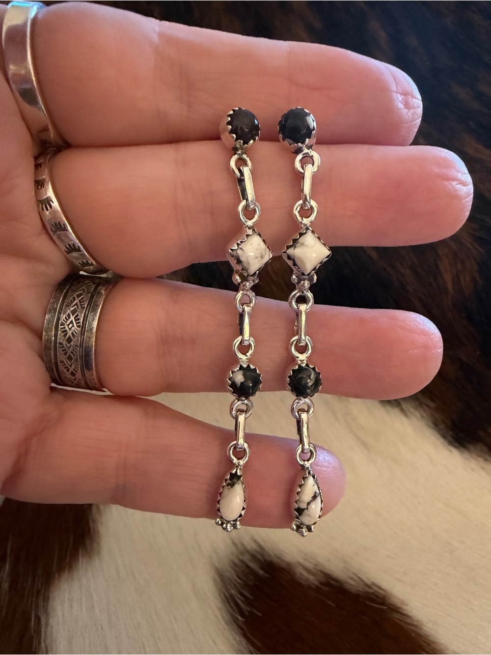 ❤️ White Buffalo Statement Stud Dangle Earrings Sterling 925 Navajo Style 2.59”L